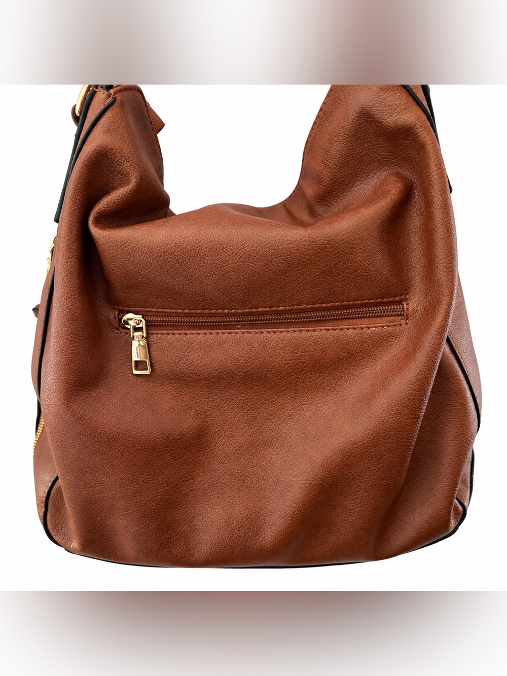 Cognac Brown Hobo Shoulder Bag Gold Hardware Zip Pockets